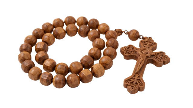 Handcrafted wooden rosary beads with ornate christian cross on the transparent background, symbol of faith and spirituality