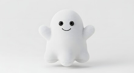 Cute Smiling White Ghost Plush Toy. Friendly Halloween Character Isolated on Clean Background for Kids