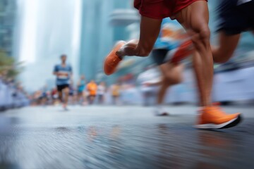 Motion blur of athletes running a marathon on wet urban streets