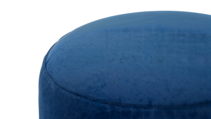 Modern blue pouf closeup with water repellent fabric texture minimalist cylindrical ottoman for contemporary interior decor trends