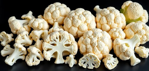 Crisp white cauliflower florets, some whole heads, arranged on black countertop,  fresh,   produce