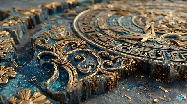 Golden ancient symbols fused with blue neon grid over dark concrete texture