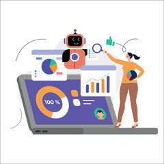 Customer satisfaction analysis with AI. Characters study reviews, charts, diagrams, and insights from artificial intelligence.