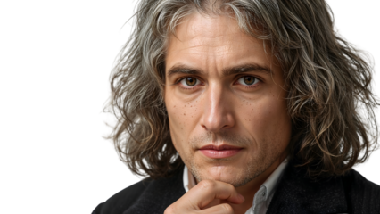 Confident middleaged man with long gray hair and thoughtful expression on the transparent background
