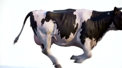 A black and white holstein friesian cow running with its legs extended, captured in motion against a clean white background, showcasing dairy farming and livestock - Powered by Adobe