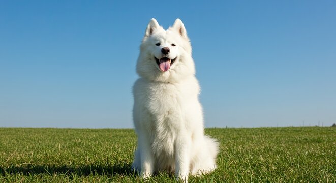 A fluffy white Samoyed dog sits in a field of green grass under a clear blue sky Its pink tongue is visible in a happy expression