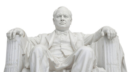 Naklejka premium White marble statue of seated man in suit with serious expression and classical columns on isolated background