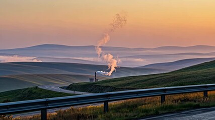 Soft morning light casts a warm glow over hills, while smoke spirals from a chimney near a winding road in a tranquil setting