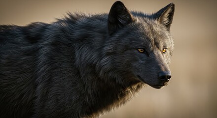 Naklejka premium Side view of a black wolf with yellow eyes detailed fur visible
