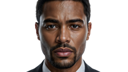 Serious young african american businessman portrait closeup on the transparent background, confident professional expression, modern diversity corporate concept