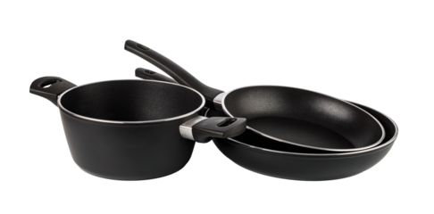 Black frying pans and pot on transparent background for cooking