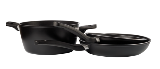 Black cooking pot and frying pans with transparent background