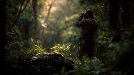 Obraz premium An explorer with binoculars scans a verdant forest bathed in the warm glow of sunlight filtering through the trees