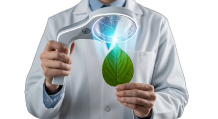 Scientist in lab coat analyzing a green leaf with a futuristic magnifying glass, symbolizing botanical research, sustainable agriculture, and eco-friendly innovation. Ideal for biotech,