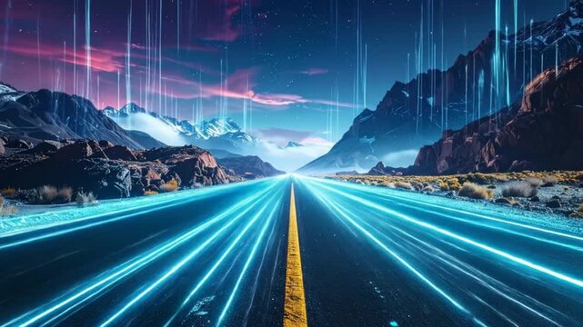 Futuristic Road: A Journey Through Mountains and Digital Pathways, Abstract Scene