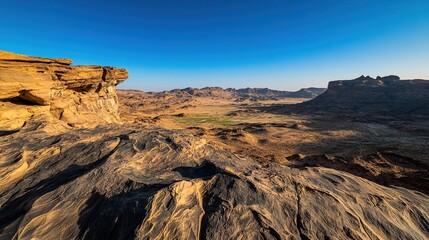 Obraz premium Bizarre Rock and Distant Mountain Landscape - Natural Geological Wonder / Outdoor Adventure Background / Landscape Photography Material