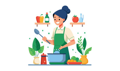 Young woman cooking healthy food in a bright kitchen