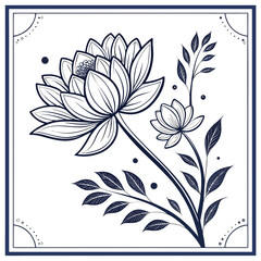 Elegant Lotus Blossom Illustration in Detailed Line Art with Serene, Botanical Elements