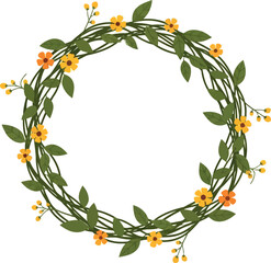 Spring floral wreath delicate yellow wildflowers green leaves twig frame natural organic decorative border vector