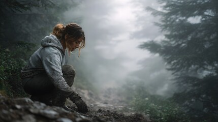 A woman on a muddy mountain trail in a misty forest is focused on cleaning the ground showing ecological responsibility