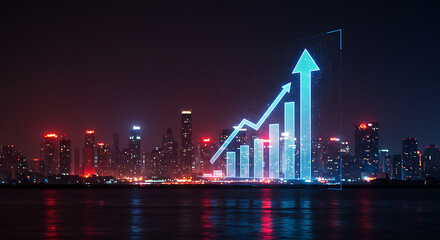 Economic Ascent over Cityscape: A mesmerizing, high-angle perspective showcases an illuminating financial graph, ascending towards the sky, hovering above the cityscape, symbolizing growth.