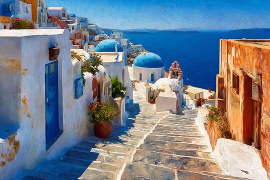 Picturesque street in santorini with whitewashed buildings and blue domed church