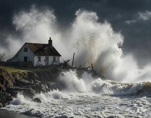 A solitary house stands precariously on a cliff as massive waves crash against it, illustrating the power and unpredictability of nature during a stormy sea