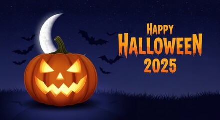 Bright Carved Pumpkin Jack O Lantern with Illuminated Face and Night Sky Background for Halloween 2025