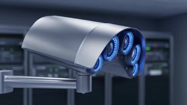 Futuristic camera system with blue lights mounted on a stand