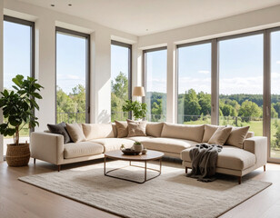 Fototapeta premium Modern scandinavian living room design showcase minimalist home interior bright natural light open space contemporary aesthetics
