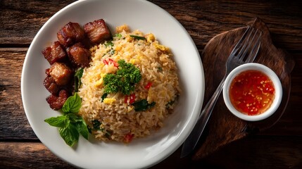 Thai fried rice with crispy pork belly and basil served with chili sauce on a rustic wooden table