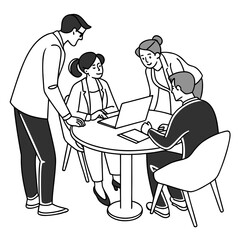 Diverse business team collaborating around a table with a laptop and documents during a meeting