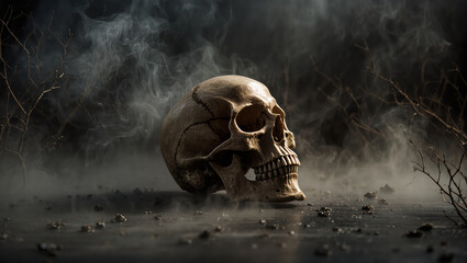 Skull fog bone eerie dark mysterious horror death spooky nature surrounded by mist and dry branches skull creates chilling atmospheric scene perfect for Halloween themes