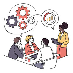Diverse team collaborating on a business strategy with gears and growth chart illustrations