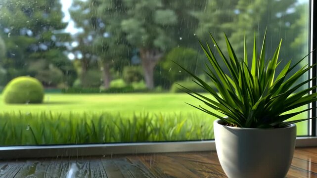 Rain droplets slide down the window as a vibrant green plant adds a touch of nature to the interior atmosphere on a tranquil day