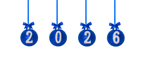 Composition of blue Christmas and New Year balls with blue ribbon and numbers 2026 hanging on white background