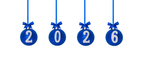 Composition of blue Christmas and New Year balls with blue ribbon and numbers 2026 hanging on white background