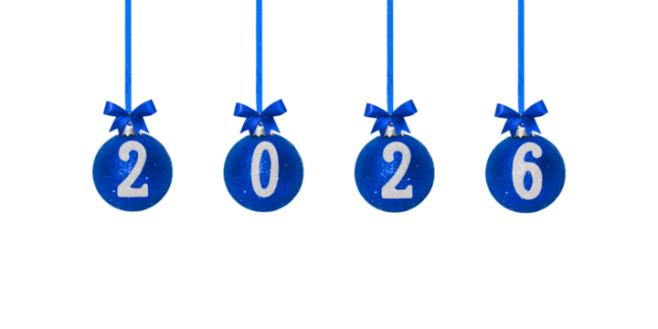 Composition of blue Christmas and New Year balls with blue ribbon and numbers 2026 hanging on white background