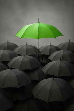Vibrant green umbrella standing prominently among monochrome umbrellas for leadership and differentiation concepts
