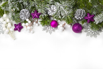 Christmas card with fir branches and Christmas decorations