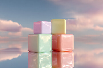 Pastel colored cubes stacked in a modern, minimalist design with soft reflections, creating a dreamy and calming atmosphere perfect for creative projects