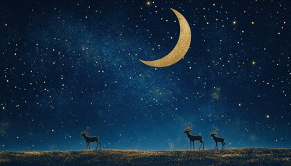 Naklejka premium Enchanting Christmas Night Scene: Golden Moon, Starry Sky, and Silhouettes of Reindeer on Glittering Ground