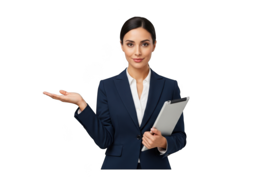 Professional business woman holding tablet presenting with open palm gesture in blue suit isolated on transparent background