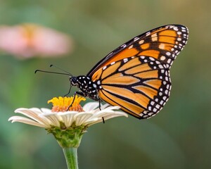 Fototapeta premium Monarch Butterfly on Zinnia Flower A Vibrant Dance of Nature's Palette in Full Bloom