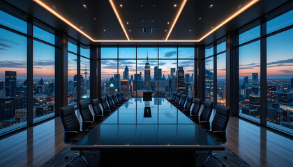 Naklejka na ściany i meble Modern luxury boardroom with a stunning city skyline view at dusk.