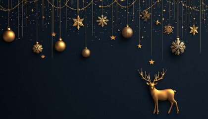 Elegant Golden Christmas Ornaments and Stag Silhouette on Dark Background for Festive Holiday Designs