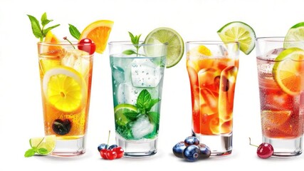 A row of four glasses filled with different types of drinks