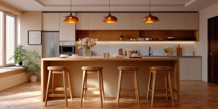 Modern kitchen interior with wooden stools and warm lighting creating cozy and inviting atmosphere for cooking and dining