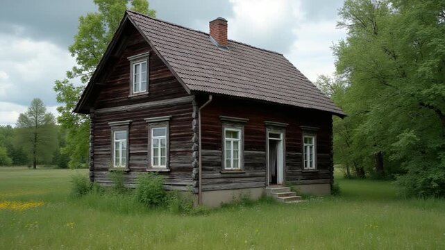 Old abandoned rural wooden house in russian village in summer