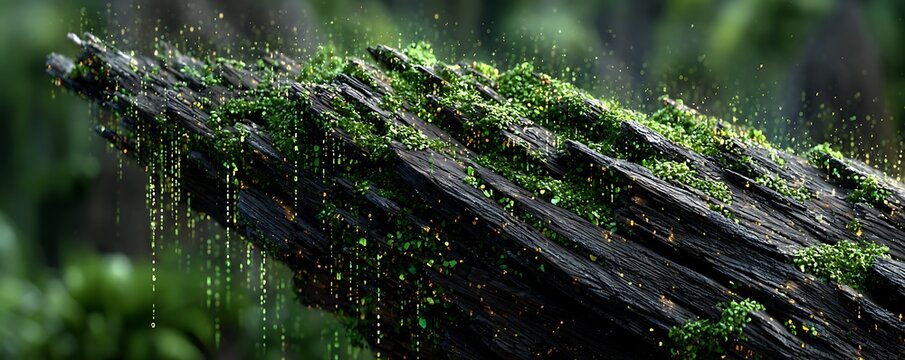 Green-lit ancient codes etched into futuristic metallic basalt background